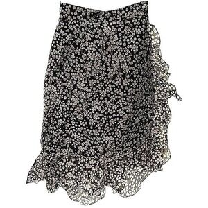 Sretsis Silk Floral Ruffle Midi Skirt‎ Black Asymmetrical Designer Womens